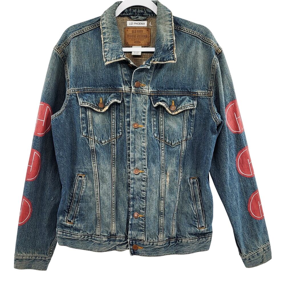 LIZI PHOENIX Old Navy Custom Hand-painted Blue Jean Trucker Jacket Men's Size L